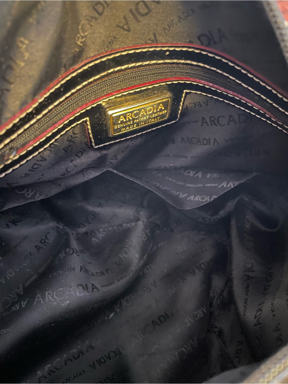 Acadia Black Patent Leather Satchel Bag with Tan Leather Trim and Handles- EUC - Picture 5 of 6